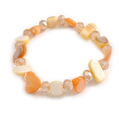 Glass Bead and Sea Shell Nugget Flex Bracelet in Melon/Pale Yellow - Size M/L - main view