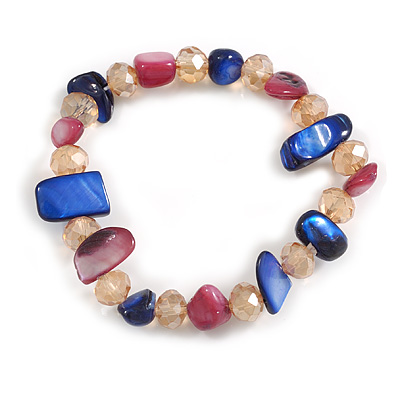 Glass Bead and Sea Shell Nugget Flex Bracelet in Blue/Plum/Citrine - Size M/L - main view
