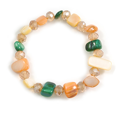 Glass Bead and Sea Shell Nugget Flex Bracelet in Melon Orange/Light Yellow/Green - Size M/L - main view
