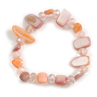 Glass Bead and Sea Shell Nugget Flex Bracelet in Pastel Coral/Pastel Purple - Size M/L