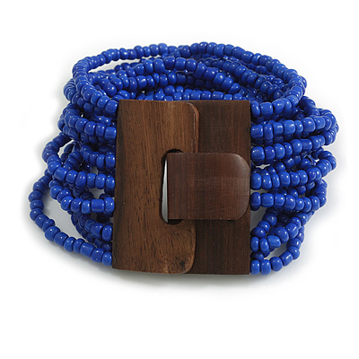 Lapis Blue Glass Bead Multistrand Flex Bracelet With Wooden Closure - 18cm L - main view