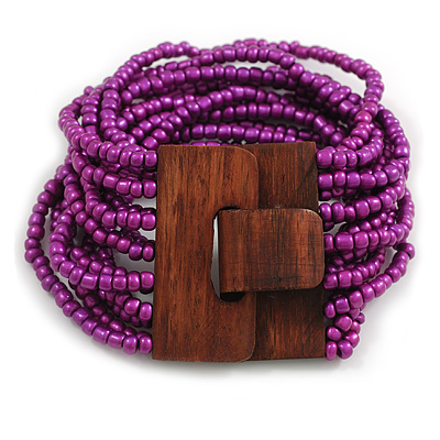 Purple Glass Bead Multistrand Flex Bracelet With Wooden Closure - 19cm L - main view