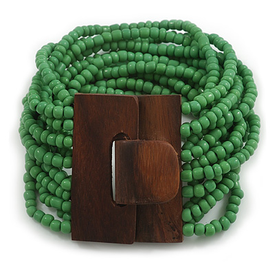 Apple Green Glass Bead Multistrand Flex Bracelet With Wooden Closure - 18cm L - main view