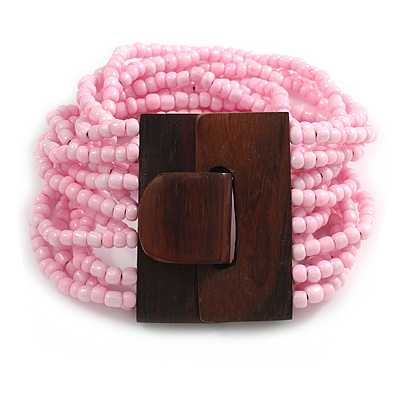 Bubblegum Glass Bead Multistrand Flex Bracelet With Wooden Closure - 18cm L