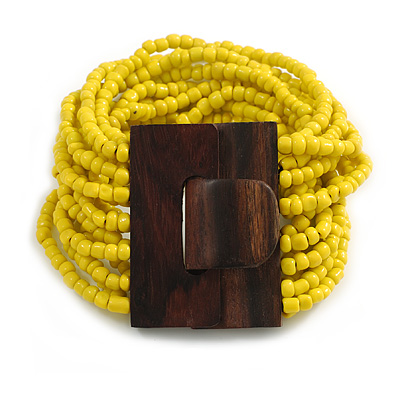 Banana Yellow Glass Bead Multistrand Flex Bracelet With Wooden Closure - 18cm L - main view
