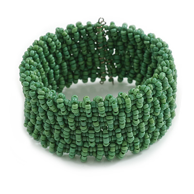 Fancy Apple Green Glass Bead Flex Cuff Bracelet - Adjustable - main view