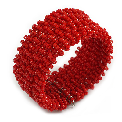 Fancy Red Glass Bead Flex Cuff Bracelet - Adjustable - main view