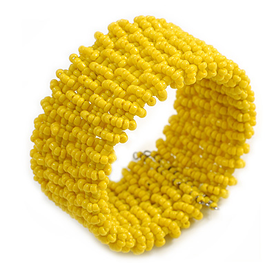 Fancy Banana Yellow Glass Bead Flex Cuff Bracelet - Adjustable - main view