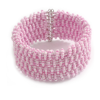 Fancy Light Pink Glass Bead Flex Cuff Bracelet - Adjustable - main view