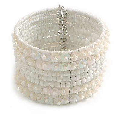 Bohemian Wide Beaded Cuff Bangle with Sequin (Snow White/Transparent) - Adjustable - main view