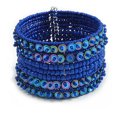 Bohemian Wide Beaded Cuff Bangle with Sequin (Lapis Blue) - Adjustable
