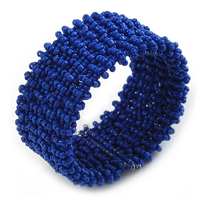 Fancy Blue Glass Bead Flex Cuff Bracelet - Adjustable - main view