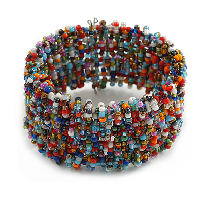 Fancy Multicoloured Glass Bead Flex Cuff Bracelet - Adjustable - main view
