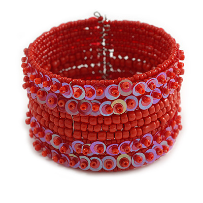 Bohemian Wide Beaded Cuff Bangle with Sequin (Fire Red) - Adjustable