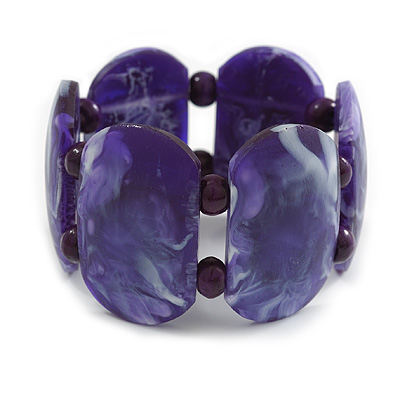 Chunky Resin and Wood Bead Wide Flex Bracelet in Dark Purple/ White - M/ L - main view