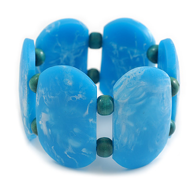 Chunky Light Blue/White Resin and Teal Wood Bead Wide Flex Bracelet - M/ L