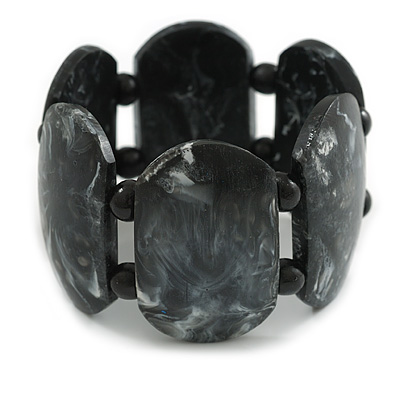 Chunky Resin and Wood Bead Wide Flex Bracelet in Black/ White - M/ L - main view