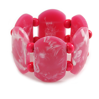 Chunky Pink/White Resin and Deep Pink Wood Bead Wide Flex Bracelet - M/ L - main view