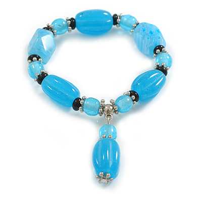 Light Blue/Black Glass and Ceramic Bead Charm Flex Bracelet - 19cm Long - Size M - main view
