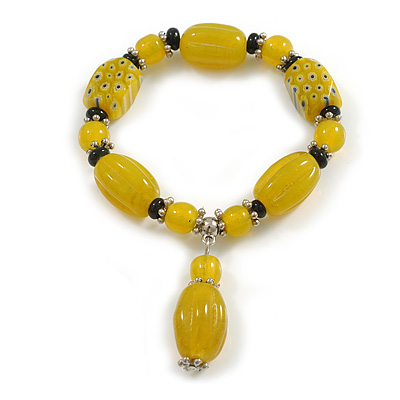 Yellow/ Black Glass and Ceramic Bead Charm Flex Bracelet - 18cm Long - main view