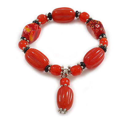 Red/Black Glass and Ceramic Bead Charm Flex Bracelet - 18cm Long - Size M