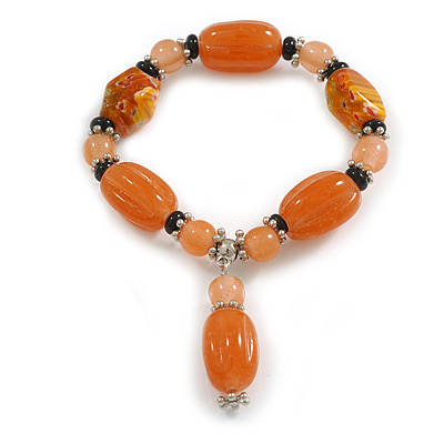 Peach Orange/Black Glass and Ceramic Bead Charm Flex Bracelet - 19cm Long - Size M