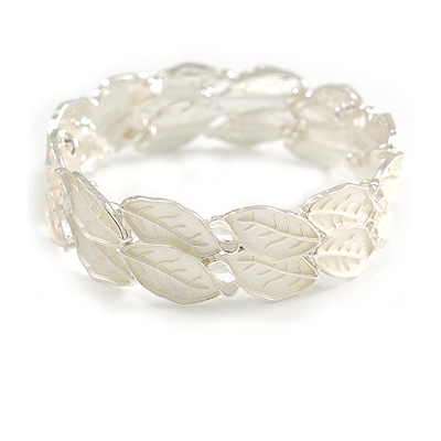 Metallic White Pearl Enamel Leafy Stretch Bracelet in Silver Tone Finish - 18cm L - Medium - main view