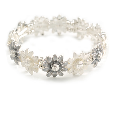 Pastel White/Grey Enamel Multi Daisy Flex Bracelet in Light Silver Tone - 20cm Long - M/L - main view