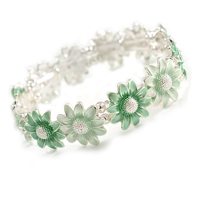 Pastel Green Enamel Multi Daisy Flex Bracelet in Light Silver Tone - 20cm Long - M/L - main view
