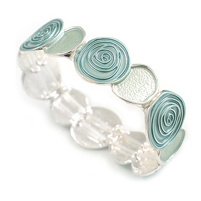 Pastel Mint Enamel Rose Floral Flex Bracelet in Light Silver Tone - 18cm Long - M