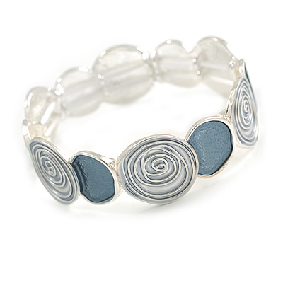Metallic Silver/Grey Enamel Rose Floral Flex Bracelet in Light Silver Tone - 18cm Long - M - main view
