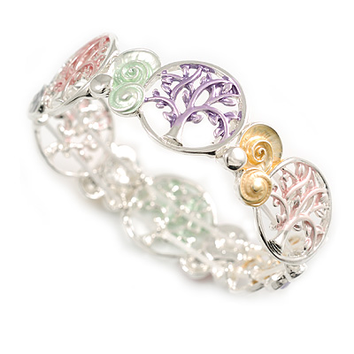 Multicoloured Pastel Shades Enamel Tree Of Life Flex Bracelet in Light Silver Tone - 18cm Long - M - main view