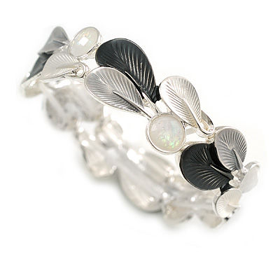 Charcoal Grey/Metallic White/Light Grey Enamel Leafy Floral Flex Bracelet In Silver Tone - 17cm Long - Size S/M