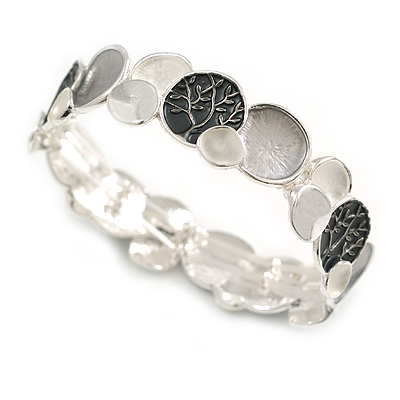 Charcoal Grey/Light Grey Enamel Tree Of Life Flex Bracelet in Light Silver Tone - 18cm Long - M - main view