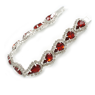 Party/Birthday/Wedding Red/Clear Diamante Teardrop Element Bracelet In Silver Tone Metal - 17cm Long - main view