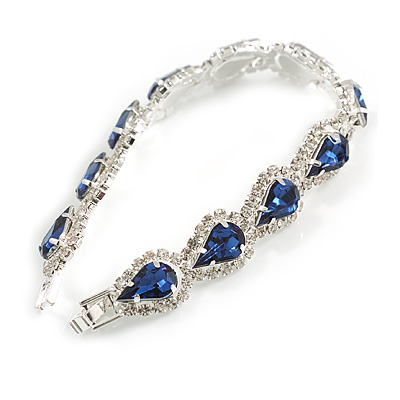 Party/Birthday/Wedding Midnight Blue/Clear Diamante Teardrop Element Bracelet In Silver Tone Metal - 17cm Long - main view