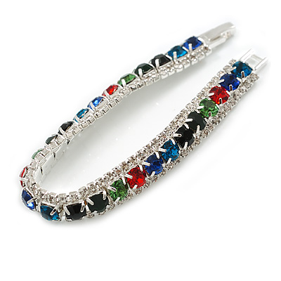 Multicoloured Crystal Tennis Style Bracelet in Silver Tone - 17cm L/ Medium Size