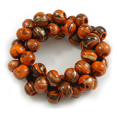 Orange/Gold/Black Wooden Bead Cluster Flex Bracelet - 18cm - Medium - main view