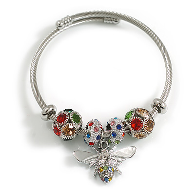 Fancy Charm (Bee, Oval and Round Crystal Beads) Flex Twisted Cable Cuff Bracelet In Silver Tone Metal (Multicoloured) - Adjustable - 18cm L - main view
