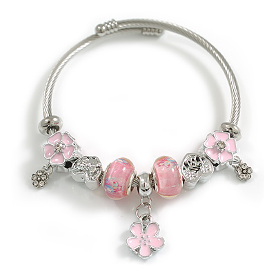 Fancy Charm ( Hearts, Flowers, Glass Beads) Flex Twisted Cable Cuff Bracelet In Silver Tone Metal (Pink) - Adjustable - 18cm L - main view