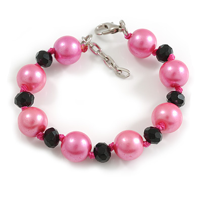 12mm D/Pink/Black Glass Bead Bracelet - Size S - 16cm L/3cm Ext (Natural Irregularities) - main view