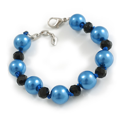 12mm D/Blue/Black Glass Bead Bracelet - Size S - 16cm L/3cm Ext (Natural Irregularities) - main view