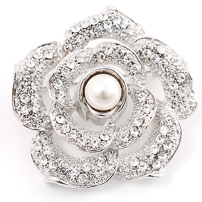 Silver Crystal Rose Brooch - main view