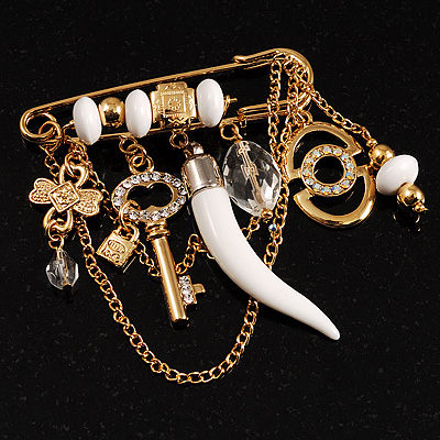 Gold Tone White Charm Safety Pin Brooch - main view