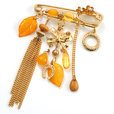 Gold Plated Tassel, Bow, Horseshoe And Amber Leaf Safety Pin Brooch - main view