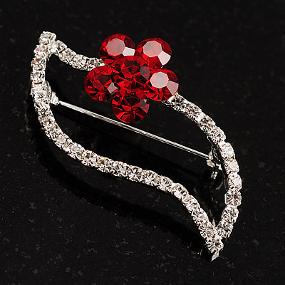 Silver Tone Red Flower Diamante Leaf Brooch - main view