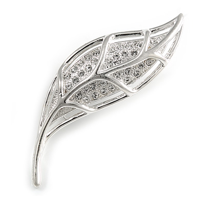 Silver Crystal Leaf Brooch
