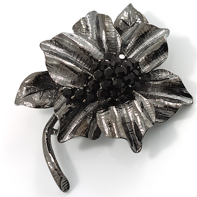 Jet-Black Diamante Oversized Vintage Flower Brooch - main view