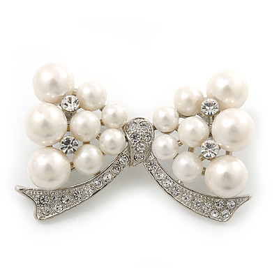 White Faux Pearl Bow Brooch - main view