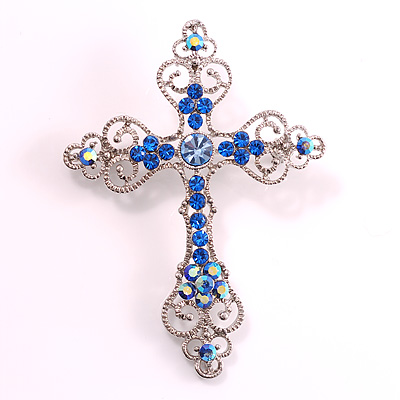 Silver-Plated Filigree Sky-Blue Diamante Cross Brooch - main view